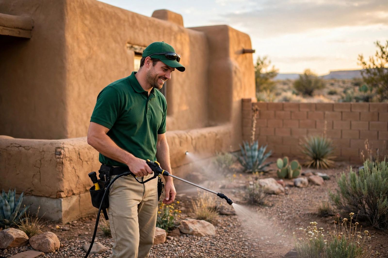Pest control technician treating the exterior of a Roswell, NM home